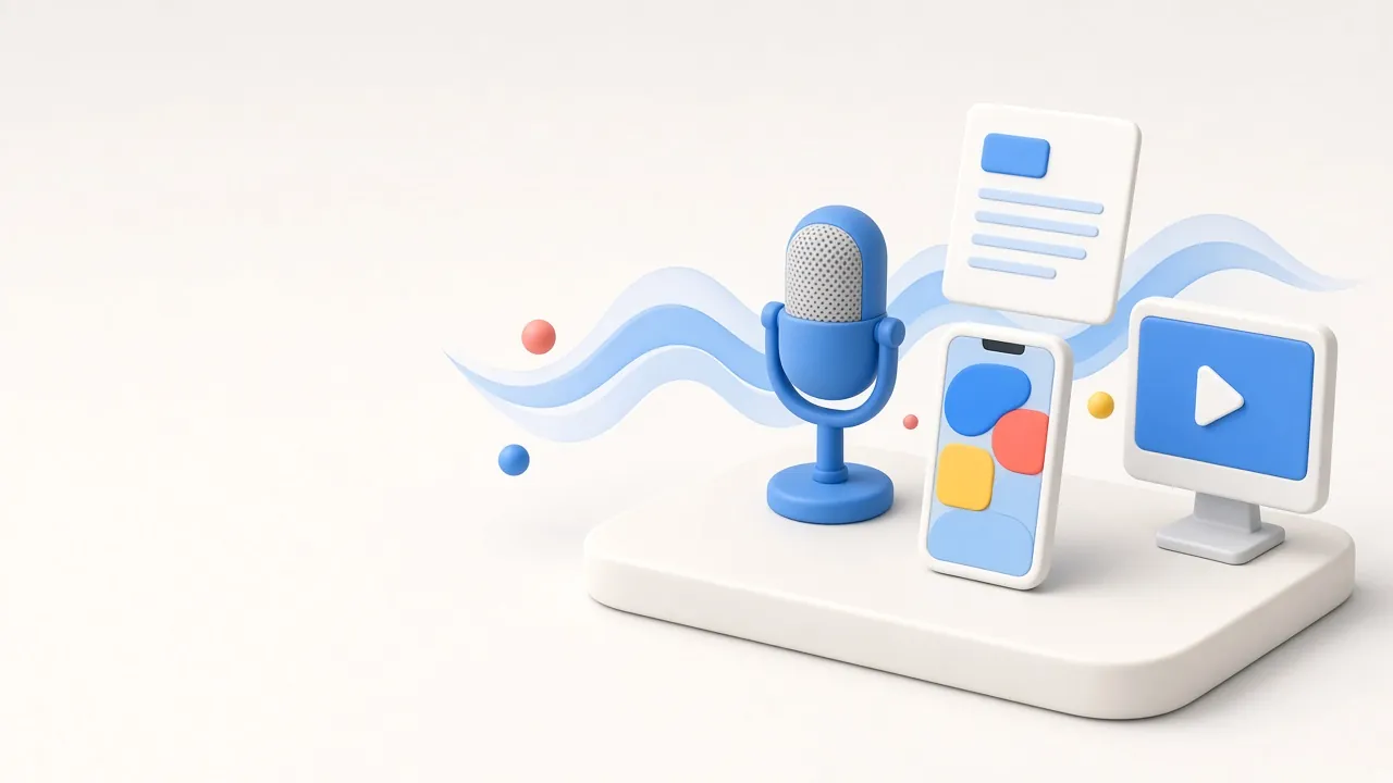 Illustrazione con microfono, note musicali e forme astratte su sfondo chiaro